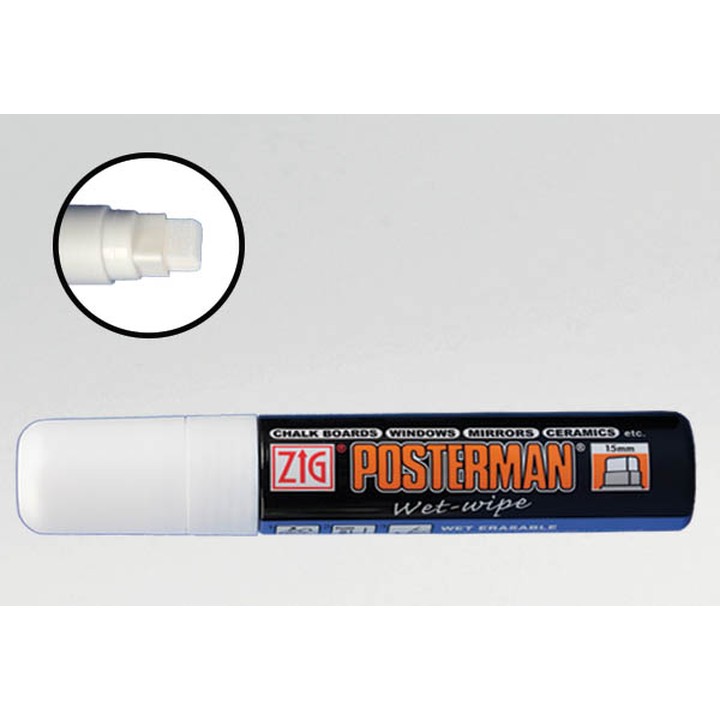 Feutre craie Posterman Wet Wipe pointe rectangulaire 15 mm — Blanc (lot de 6) - photo principale